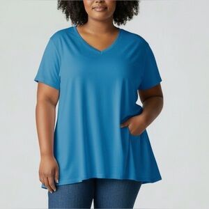 Chico’s Size 3 XL Blue Seamed Slub V-Neck Cotton Modal Cuffed Short Sleeve Top
